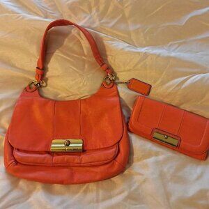 Coral Coach Bag and Matching Wallet